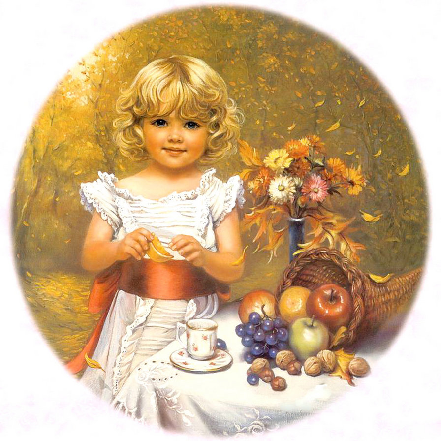 счастливое детство - природа, дети, девочка, живопись, картина, чашка, осень, цветы, фрукты - оригинал
