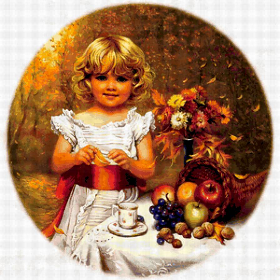 счастливое детство - живопись, природа, чашка, фрукты, осень, цветы, девочка, картина, дети - предпросмотр