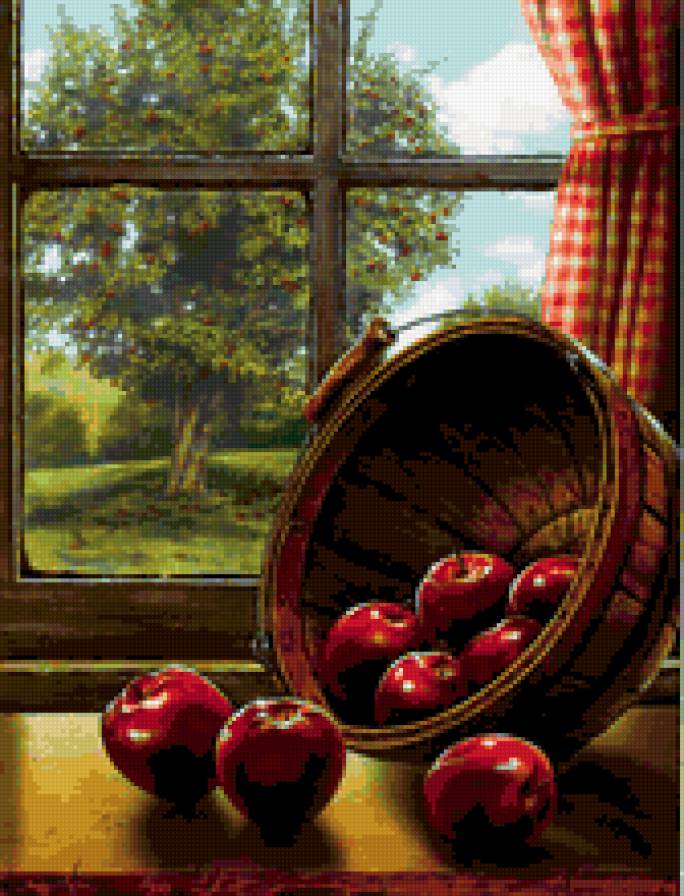 красные яблоки - окно, природа в окне, дары природы, корзина, яблоки - предпросмотр