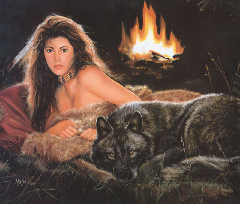 девушка с волком - девушка, волк, огонь, люди - оригинал