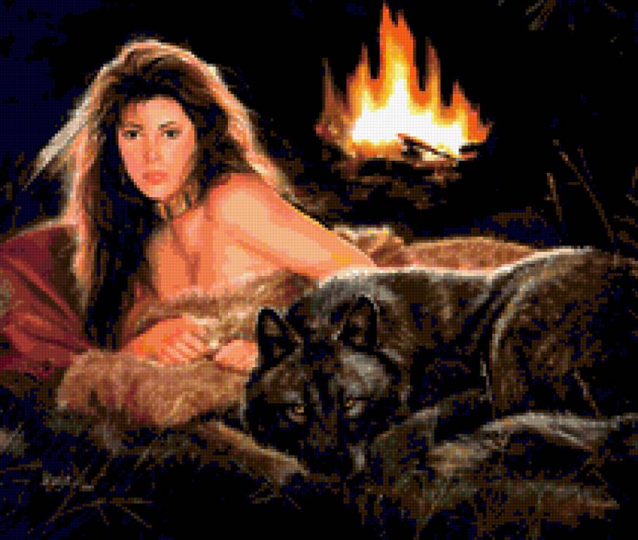 девушка с волком - люди, огонь, девушка, волк - предпросмотр