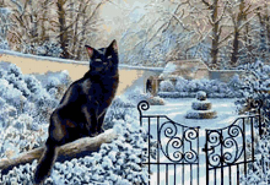 черный кот зимой - домашние животные, кот, калитка, зима - предпросмотр