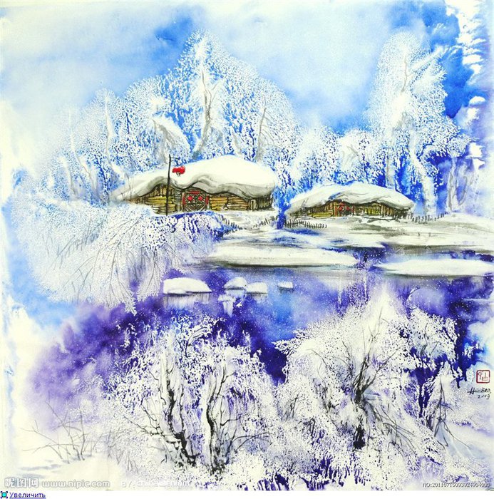 Серия "Пейзажи" - снег, домик, река, зима, пейзаж - оригинал