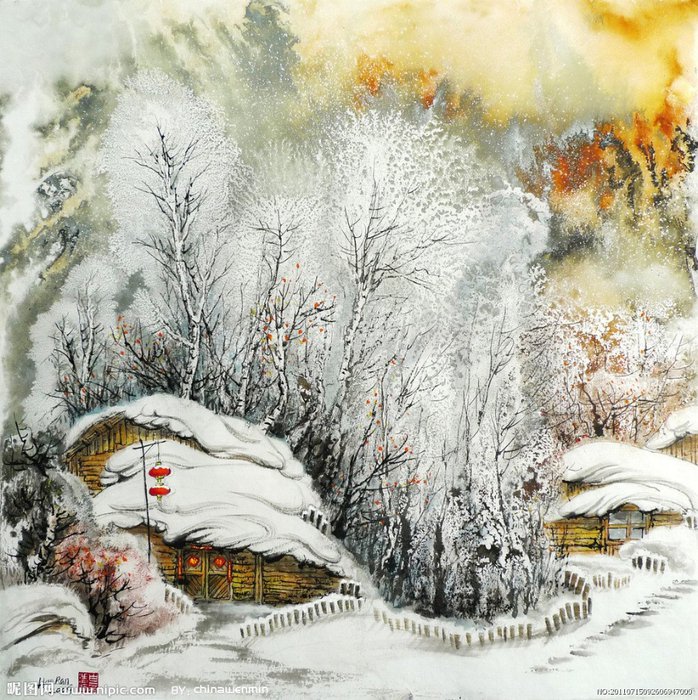 Серия "Пейзажи" - домик, зима, закат, снег, пейзаж - оригинал