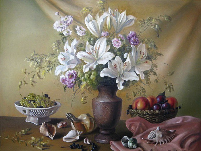 Лилии - лилии, цветы, ваза, букет, натюрморт - оригинал