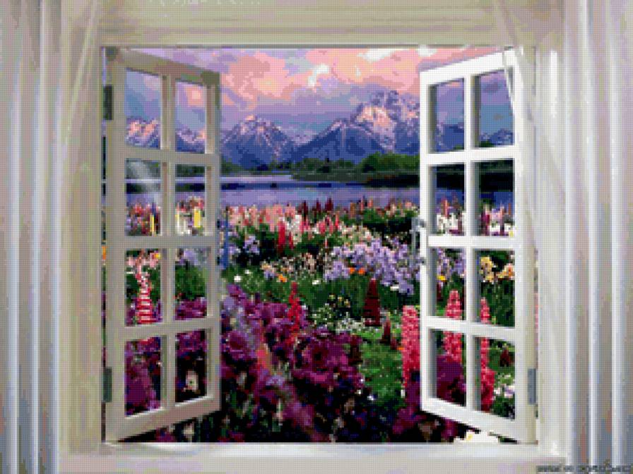 Вид из окна 1 - цветы, пейзаж - предпросмотр