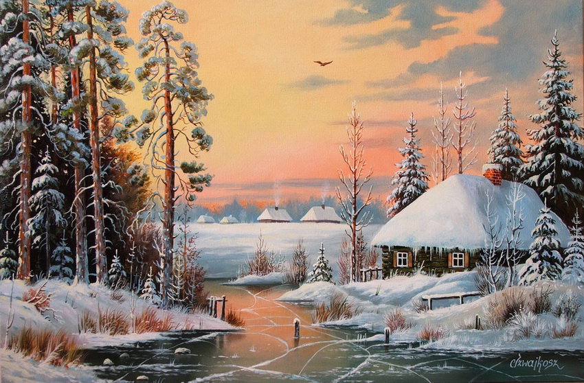 зимний пейзаж - дом, зима, снег, лес, природа, река - оригинал