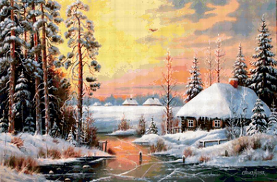 зимний пейзаж - снег, природа, лес, зима, река, дом - предпросмотр