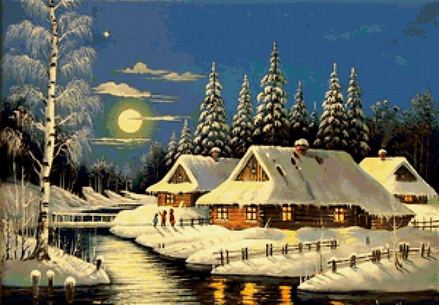 закат - снег, дом, река, зима, природа, лес - предпросмотр