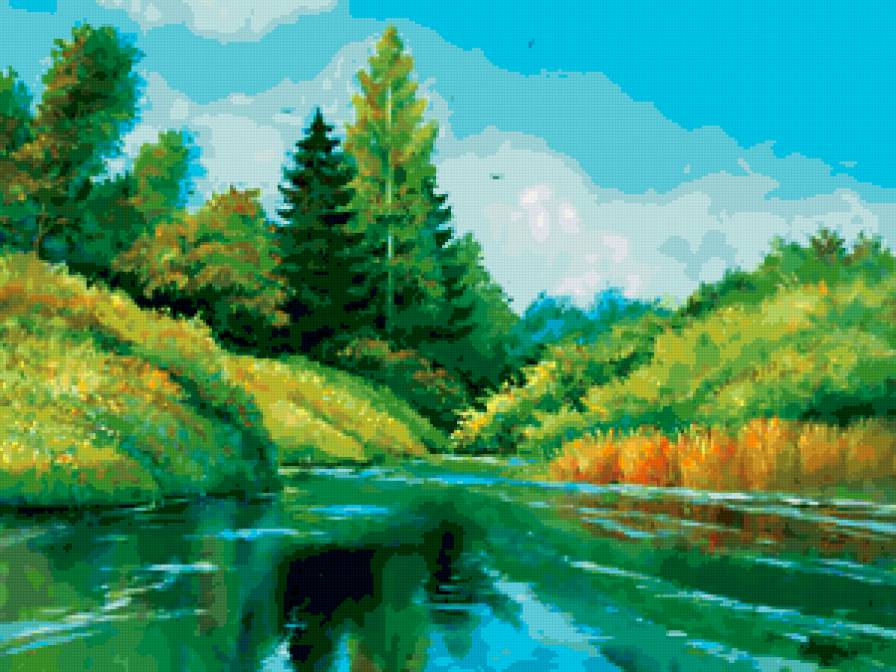 Леснаое озеро - живопись, пейзаж, деревья, озеро, природа - предпросмотр