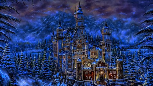 Сказочный замок в лесу - лес, снег, сказочный замок, дом в лесу, замок, фэнтези, зима, дом - оригинал