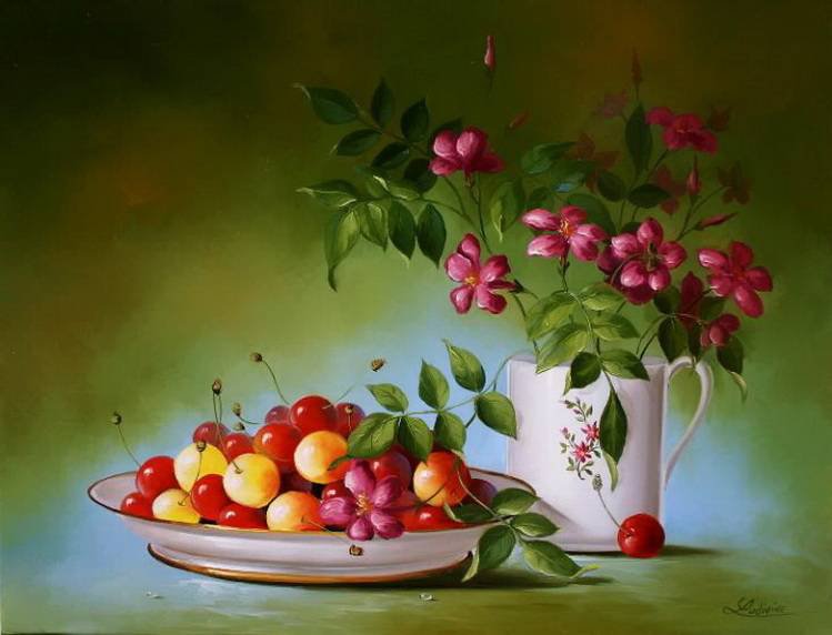 №419258 - фрукты, натюрморт, цветы, букет, живопись - оригинал