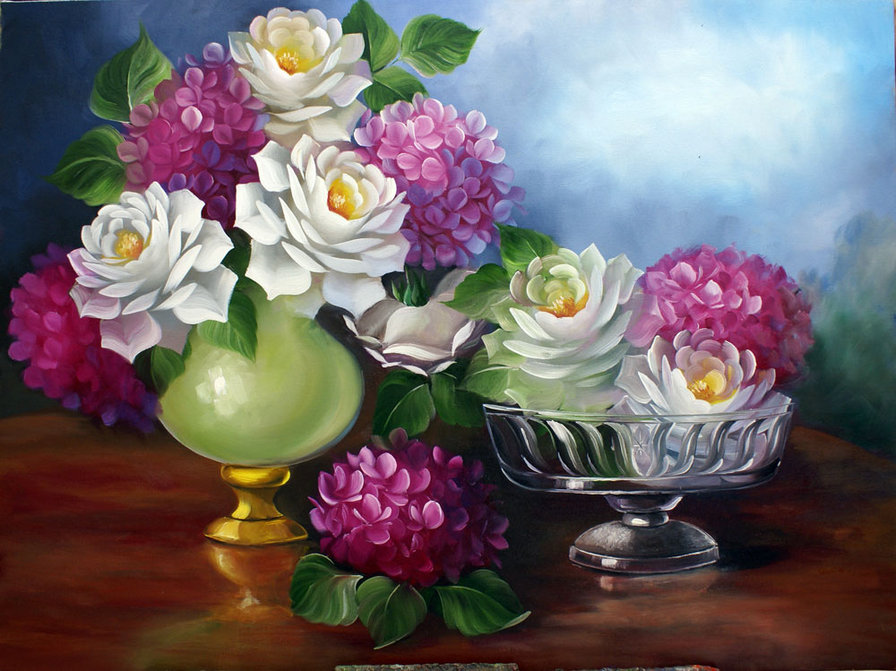 Белые розы и гортензии - гортензия, букет, розы, цветы - оригинал