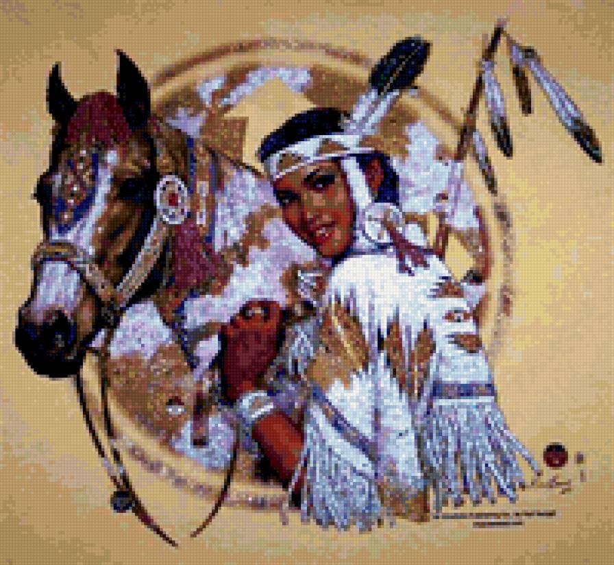 Девушка и лошадь - индейские мотивы - предпросмотр