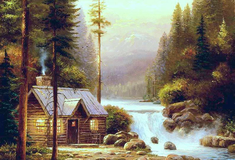Дом лесника - горы, дом, пейзаж, река, лес, водопад - оригинал