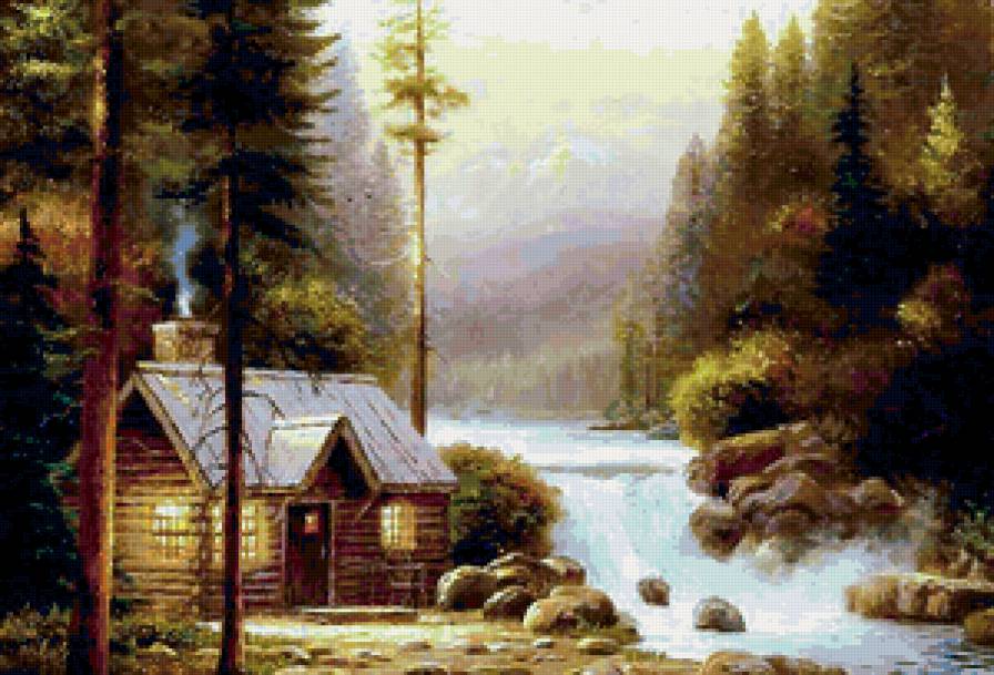 Дом лесника - пейзаж, река, лес, дом, горы, водопад - предпросмотр