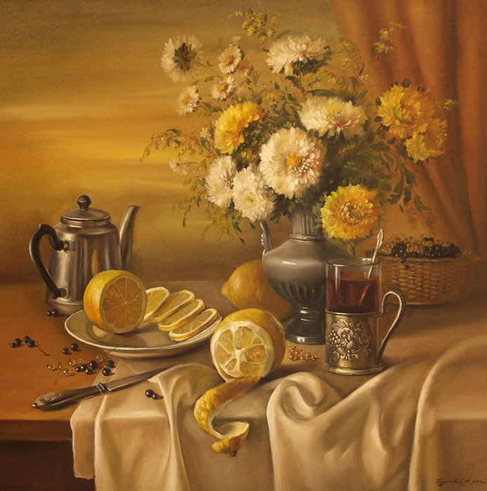 Натюрморт с лимонами - натюрморт, лимон, букет, цветы, фрукты - оригинал