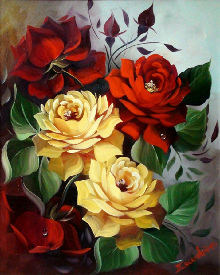Красные и желтые розы - розы, цветы, букет - оригинал