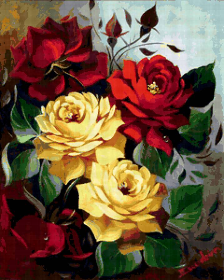 Красные и желтые розы - цветы, розы, букет - предпросмотр