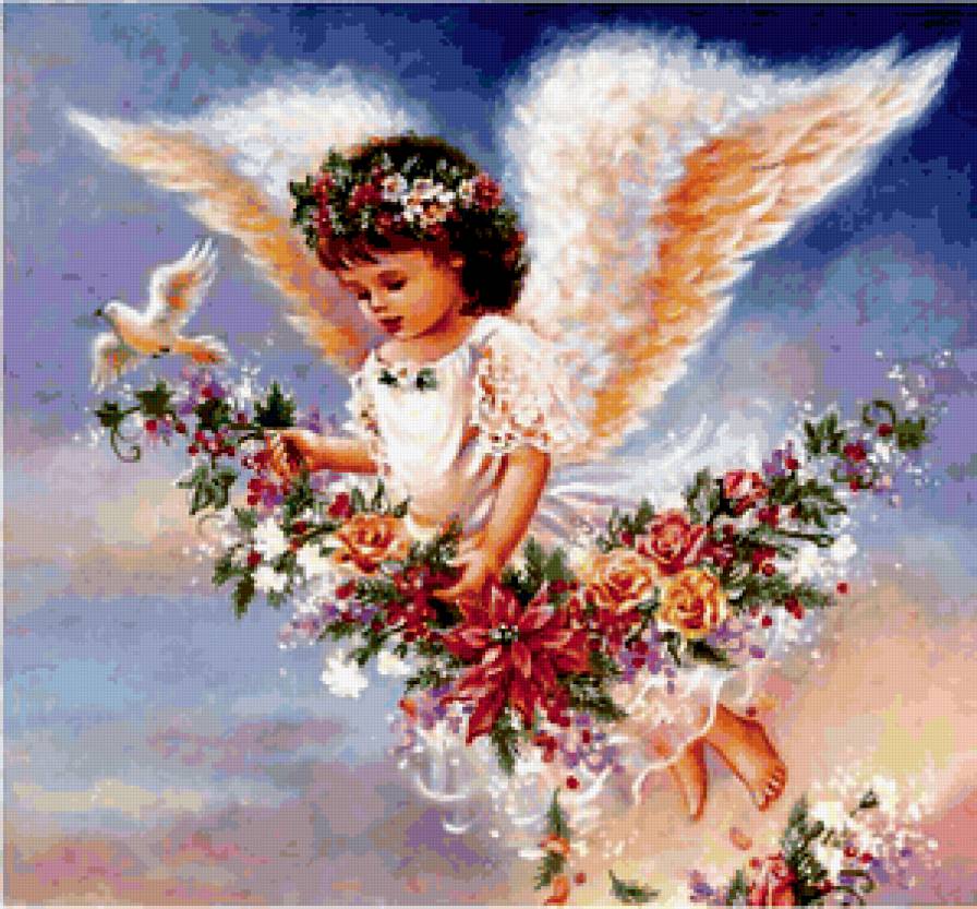 Ангелочек - голуби, цветы, девочка, ангел - предпросмотр