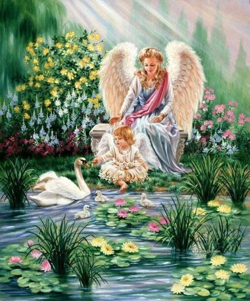 Ангелы - мама, озеро, лебеди, природа, ребенок - оригинал