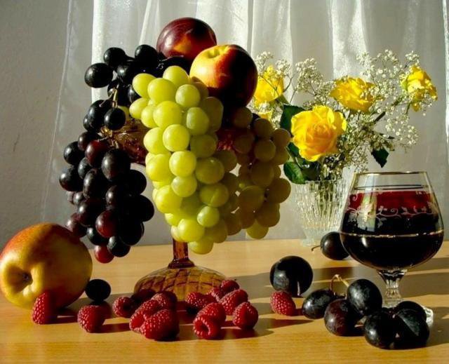 натюрморт - ягоды, виноград, вино, фрукты - оригинал