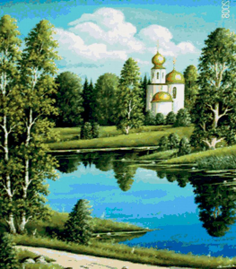 родной пейзаж 2 - пейзаж, лес, озеро, церковь, природа - предпросмотр