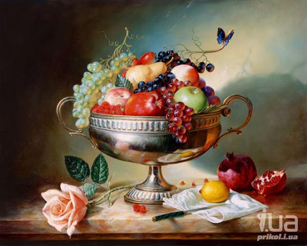 №423613 - натюрморт, фрукты, цветы, живопись - оригинал