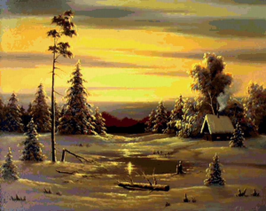 картина - пейзаж, природа, закат, зима - предпросмотр