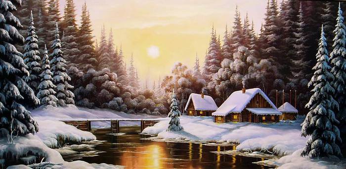 картина - природа, домик, зима, закат, речка - оригинал