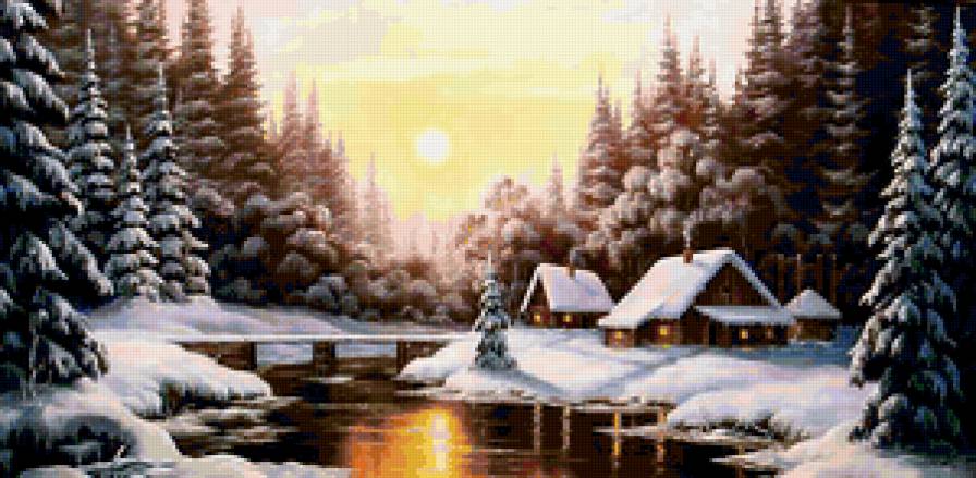 картина - природа, домик, зима, закат, речка - предпросмотр