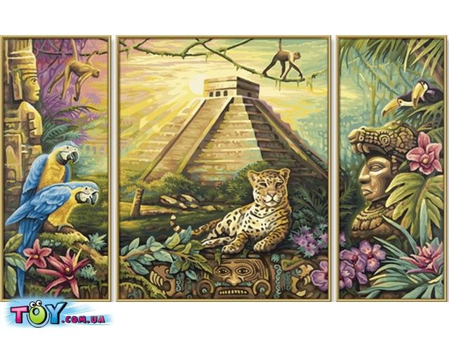 Джунгли - попугаи, леопард, джунгли, триптих, пирамида - оригинал
