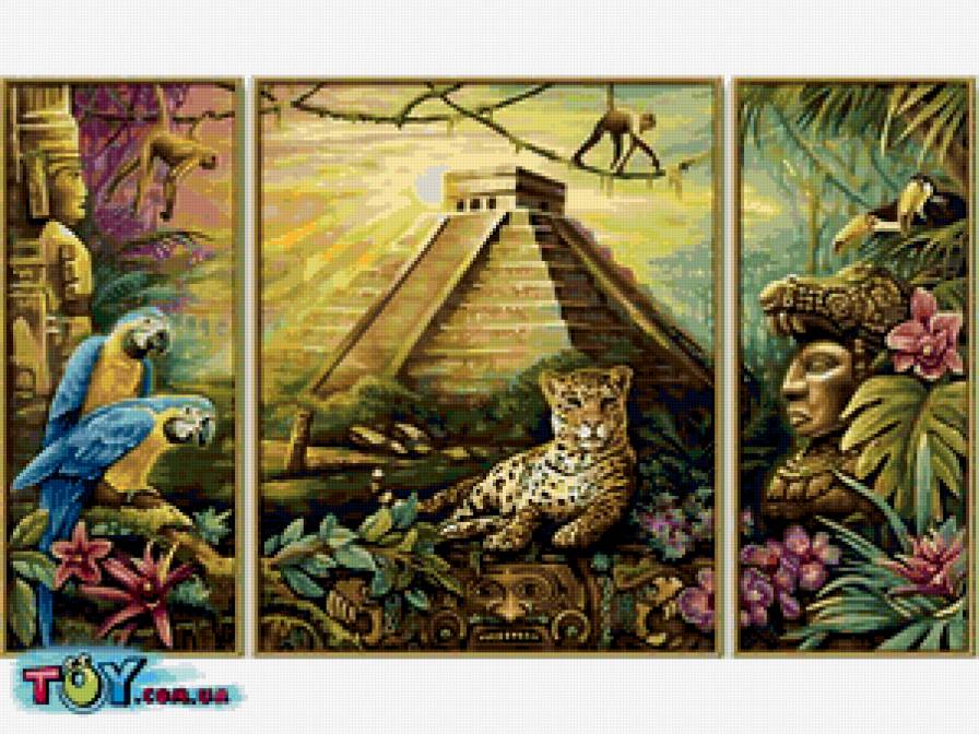 Джунгли - триптих, леопард, попугаи, пирамида, джунгли - предпросмотр