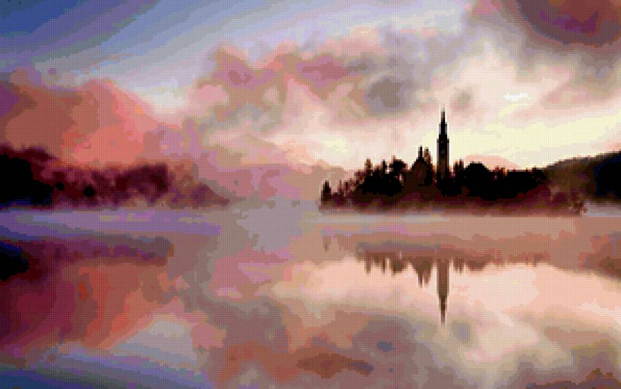 замок в тумане - туман, пейзаж, замок, вода, озеро блед, озеро, словения - предпросмотр