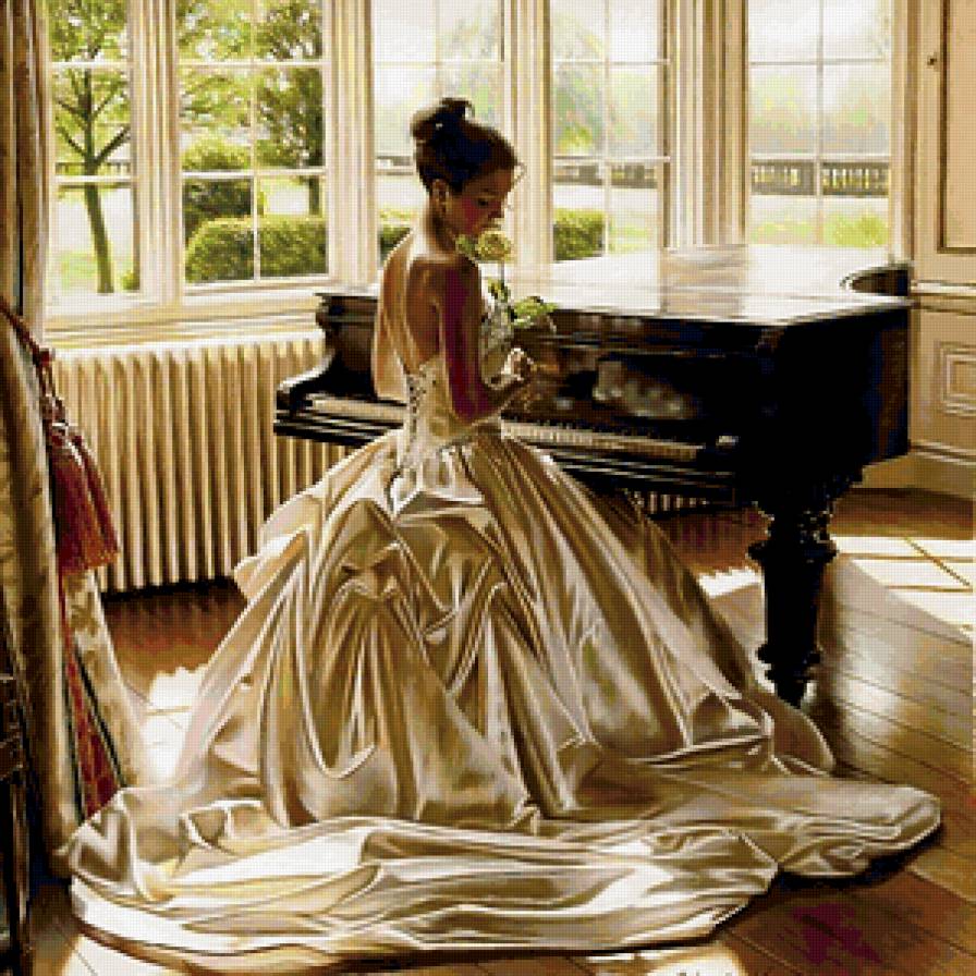 девушка с роялем - рояль, девушка, платье - предпросмотр