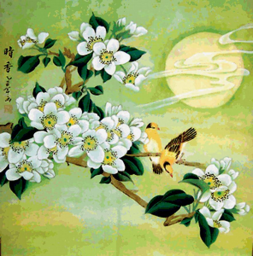 Цветущая сакура - дерево, китай, сакура, птицы, цветы, восток - предпросмотр