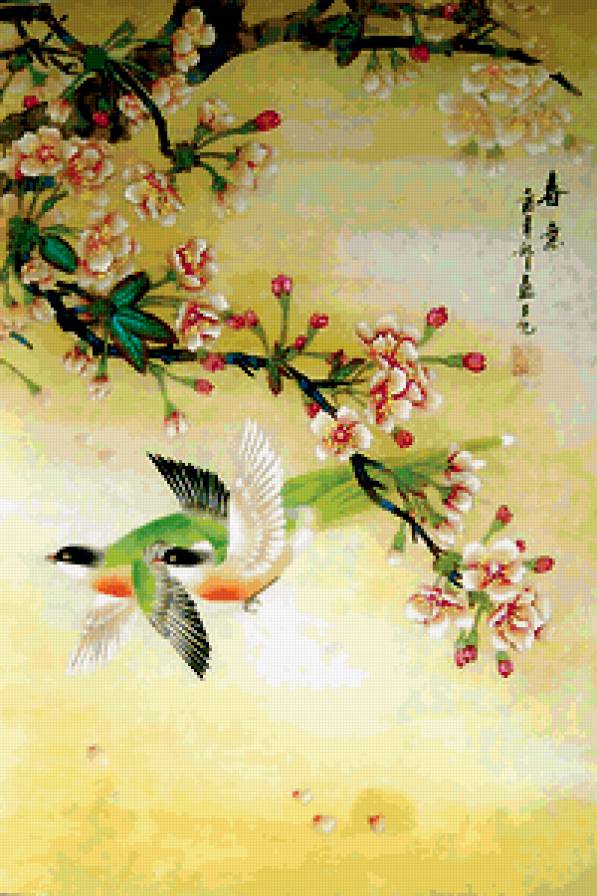 Ветка сакуры - восток, птицы, дерево, цветы, китай, сакура - предпросмотр