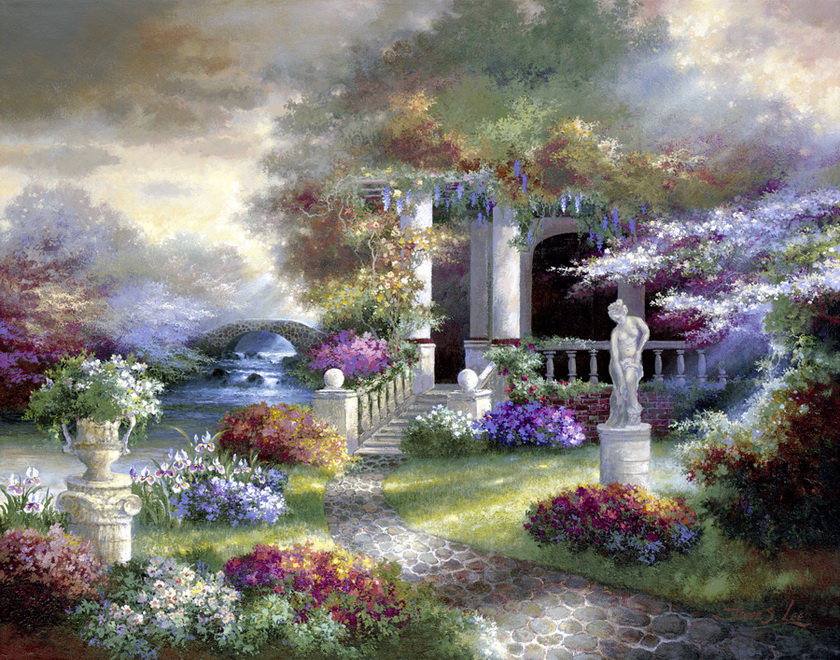 красивый сад - сад, пейзаж, статуя, живопись, цветы - оригинал