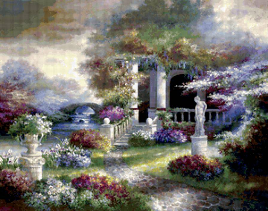 красивый сад - сад, статуя, цветы, пейзаж, живопись - предпросмотр