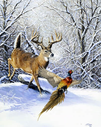 0136 - картина, олень, птицы, животные, природа, зима, красота - оригинал