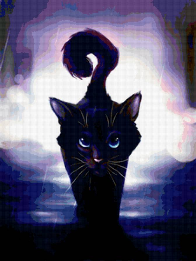 ночной гуляка - котенок, живопись, ночь, кот - предпросмотр