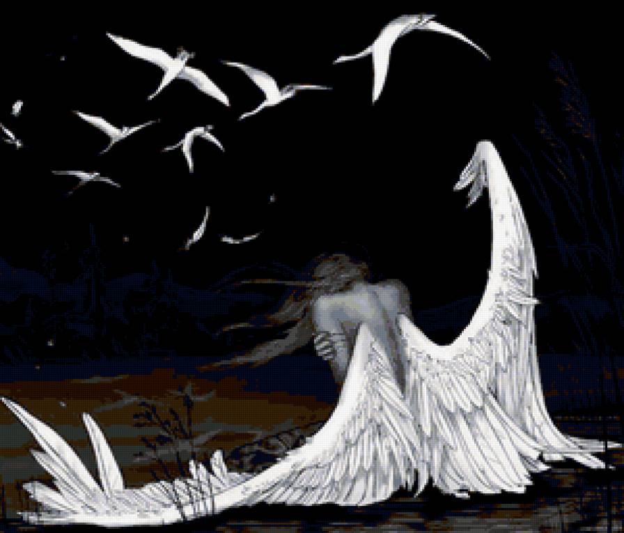 Дикие лебеди - графика, черно-белое, крылья, девушка, птицы - предпросмотр