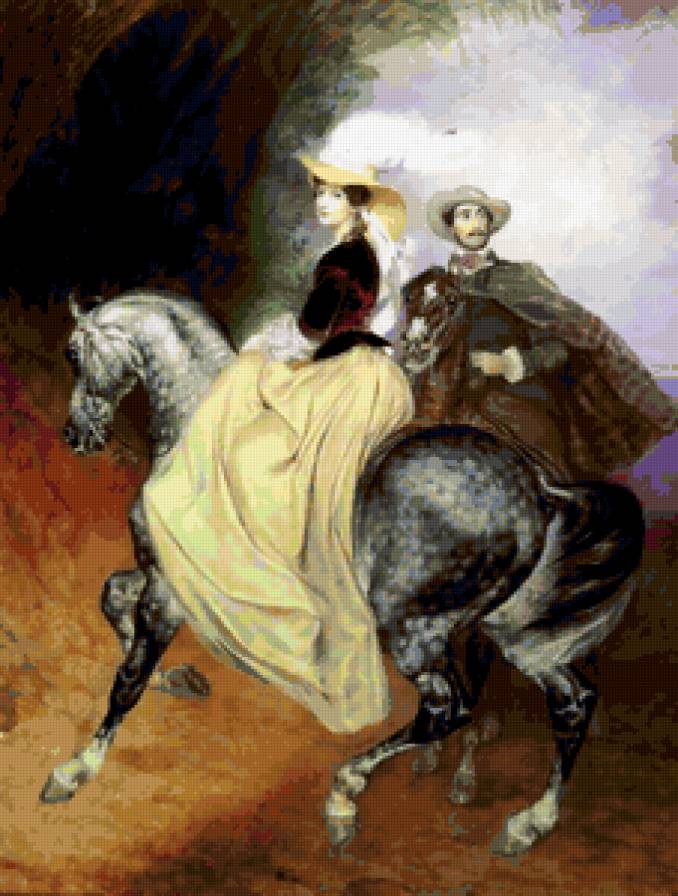 Всадники - дама, кавалер, картина, люди, живопись, лошадь - предпросмотр