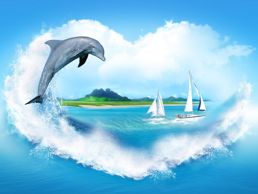 дельфин - волны, дельфин, паруса, море - оригинал