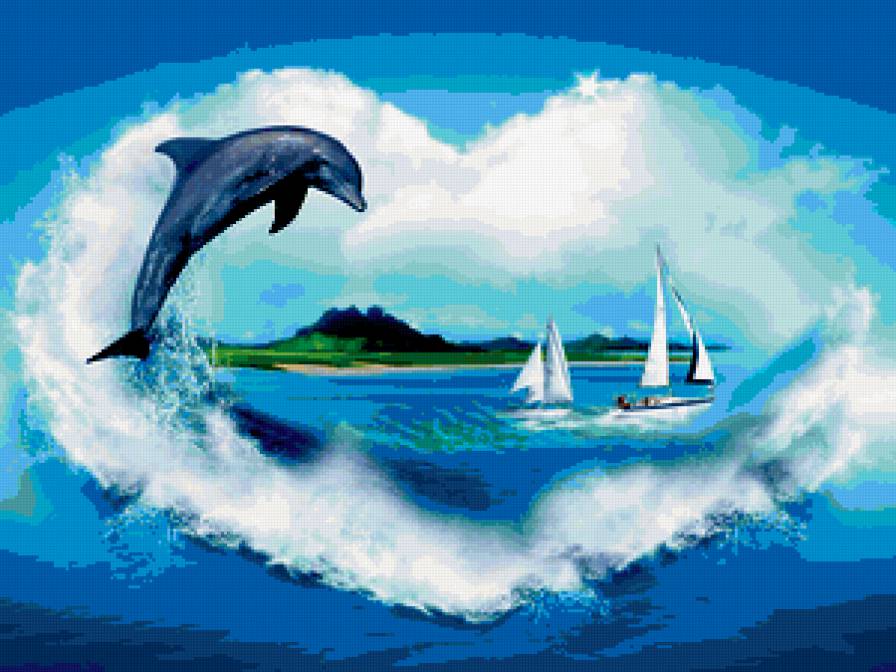 дельфин - море, дельфин, волны, паруса - предпросмотр
