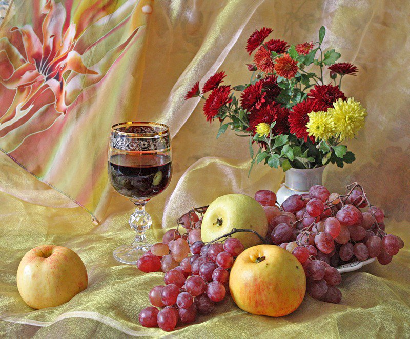 Серия "Натюрморты" - цветы, натюрморт, яблоки, виноград, вино - оригинал