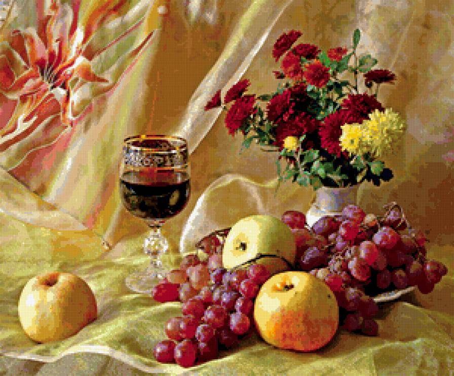 Серия "Натюрморты" - цветы, натюрморт, вино, яблоки, виноград - предпросмотр