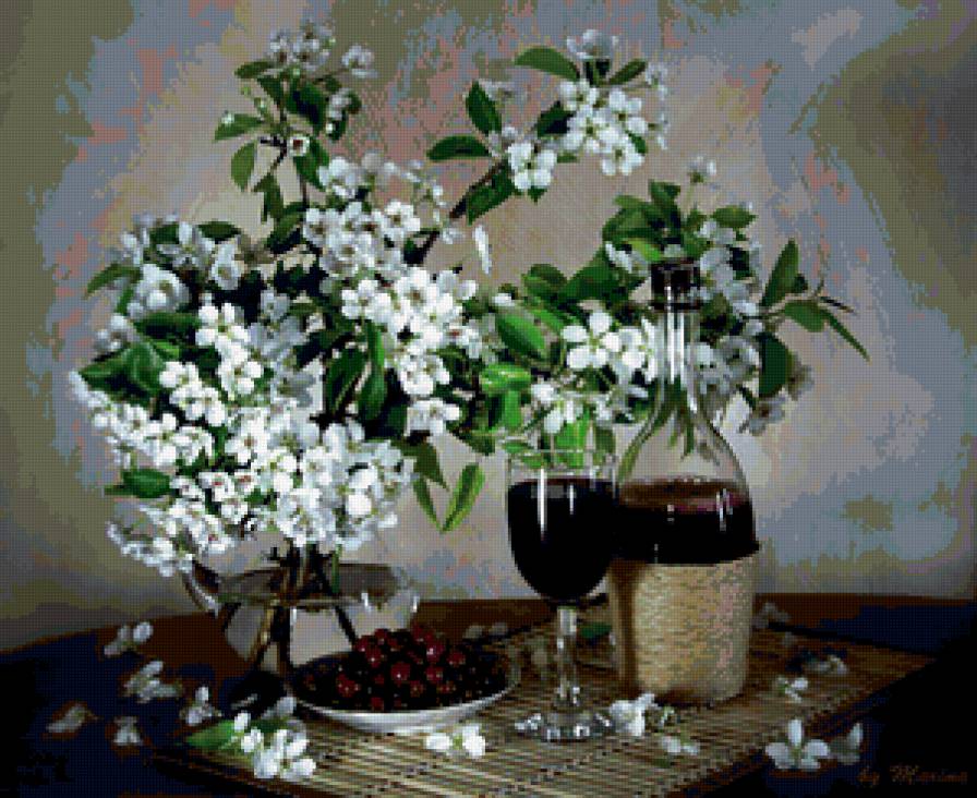 Серия "Натюрморты" - цветы, вишня, вино - предпросмотр