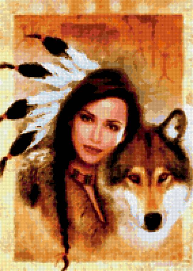 Девушка и волк - девушка, индейцы, волк, пара - предпросмотр