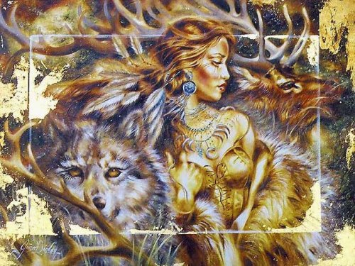 Серия "Она" - олени, девушка, животные, волки - оригинал